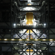 The fully stacked SLS rocket, as seen inside NASA’s Vehicle Assembly Building at Kennedy Space Center in Florida.